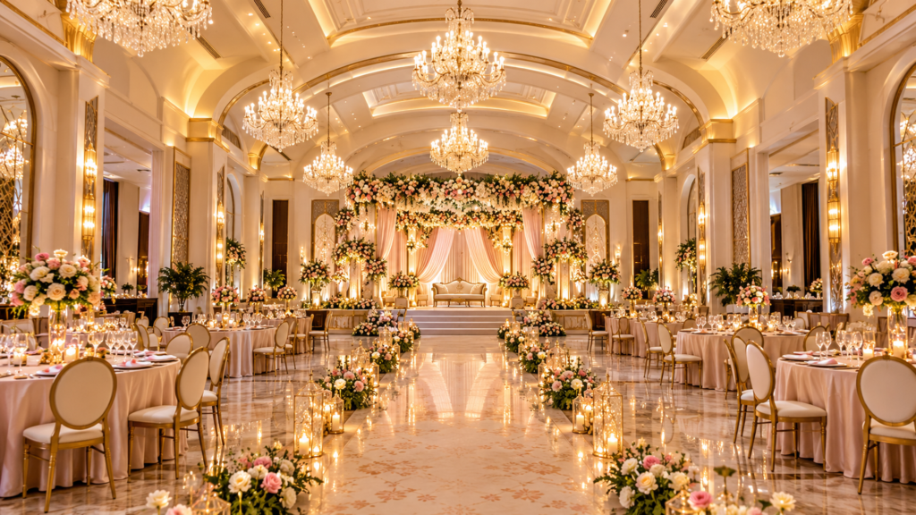 The Pearl’s spacious banquet hall, elegantly decorated for an Indian wedding ceremony.