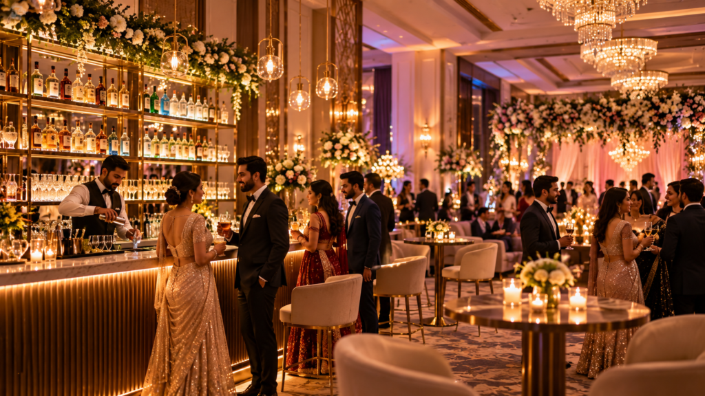 Luxury Indian wedding cocktail reception with ambient lighting, elegant bar counter, floral décor and guests in formal attire.