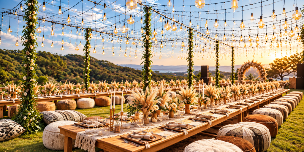 Open-air, relaxed और beautifully styled — warm fairy lights, pampas grass, natural florals और long dining tables इस outdoor setup को intimate और inviting बनाते हैं।