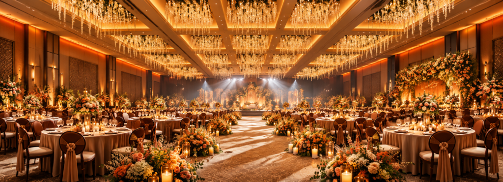 Elegant, opulent और picture-perfect — glowing ceiling lights, lush florals और beautifully styled tables इस grand reception space को luxurious charm देते हैं।