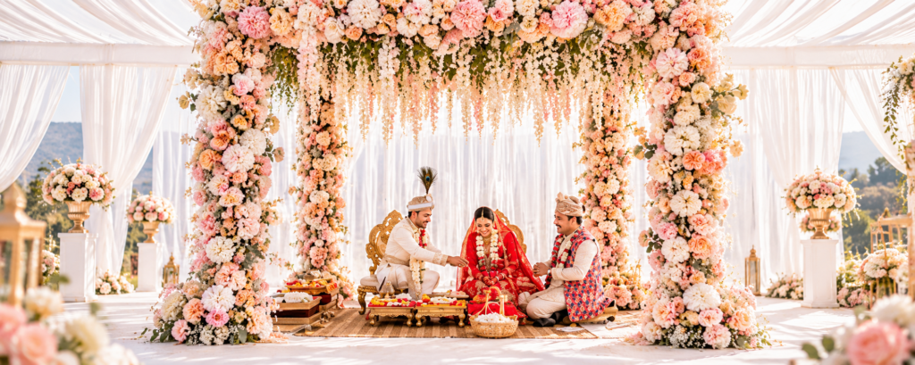 Soft, romantic aur effortlessly elegant — pastel flowers, delicate drapes और fresh floral details इस wedding mandap को dreamy और timeless look देते हैं।