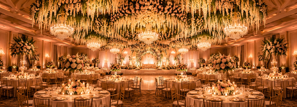 Grand, glamorous और beautifully detailed — crystal chandeliers, floral décor और warm lighting मिलकर इस reception setup को luxurious और unforgettable बनाते हैं।