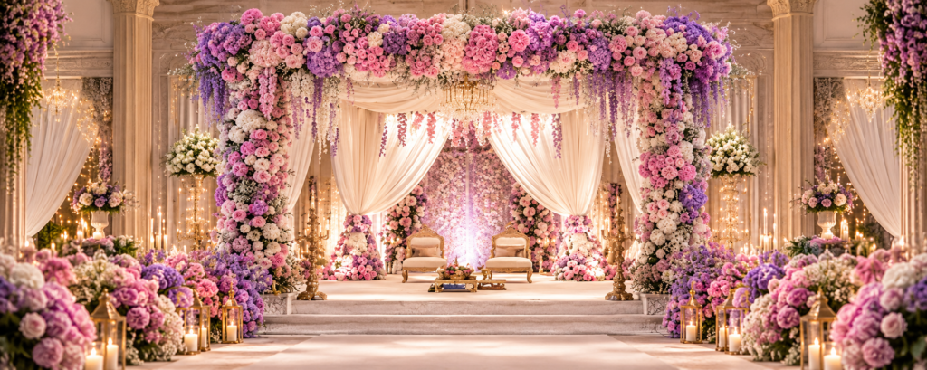 Elegant, opulent और picture-perfect — glowing ceiling lights, lush florals और beautifully styled tables इस grand reception space को luxurious charm देते हैं।
