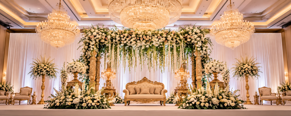 Elegant, timeless और regal — white florals, golden details, ornate pillars और luxurious seating इस wedding stage को sophisticated और celebratory feel देते हैं।